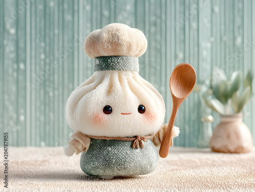 an adorable kawaii dumpling character wears a textured chef hat and apron while holding a miniature wooden spoon