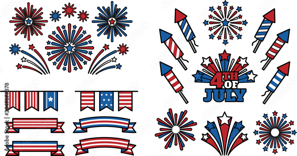 Fototapeta premium United States Independence Day Fourth of July Celebration Firework Vector Element Set with Patriotic Rocket Crackers, Festival Bunting Banners, Stars, and Stripes Ribbons
