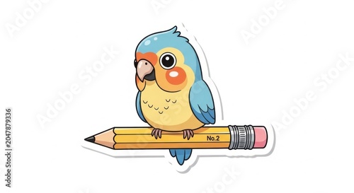 Colorful Parrot Perched on Yellow Pencil With Pink Eraser on White Background