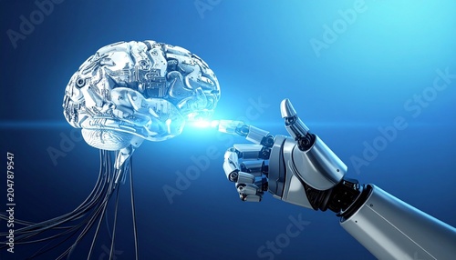 Robotic hand reaching toward mechanical brain connected by glowing blue energy wave, symbolizing artificial intelligence, human-machine synergy, and technological evolution.