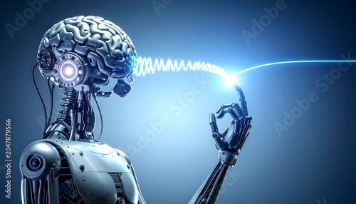 Robotic hand reaching toward mechanical brain connected by glowing blue energy wave, symbolizing artificial intelligence, human-machine synergy, and technological evolution.