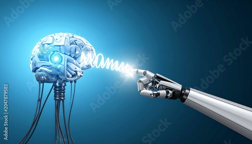 Robotic hand reaching toward mechanical brain connected by glowing blue energy wave, symbolizing artificial intelligence, human-machine synergy, and technological evolution.