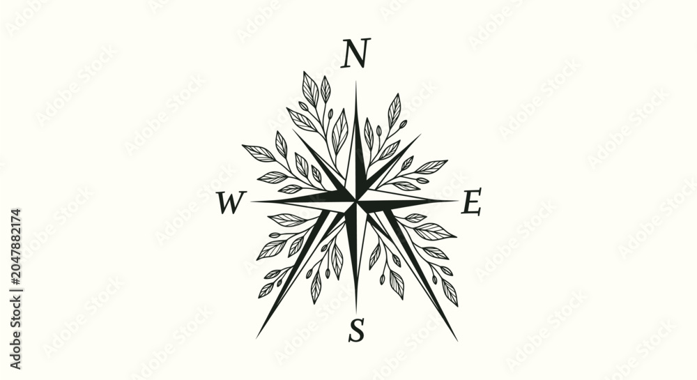 Fototapeta premium Minimalist Botanical Compass Rose Illustration with Leafy Branches for Boho Travel and Adventure