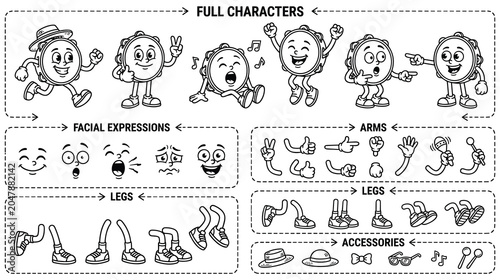 Bild auf Leinwand Tambourine cartoon character full and separate parts.
