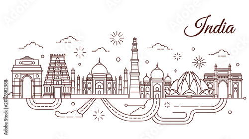 Konstfotografi India skyline cityscape with famous monuments line art.
