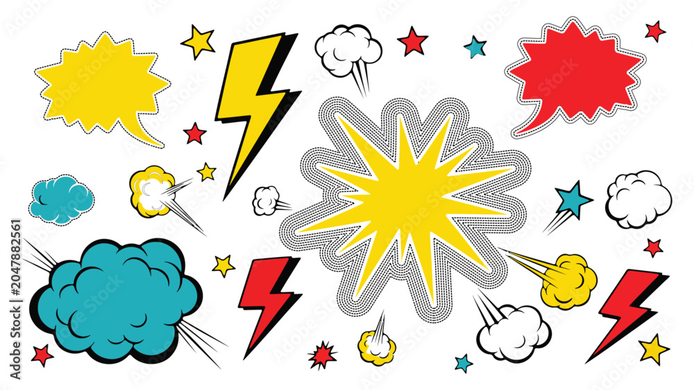 Fototapeta premium Colorful comic book style speech bubbles and explosion effects isolated on white background