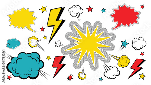 Foto Colorful comic book style speech bubbles and explosion effects isolated on white