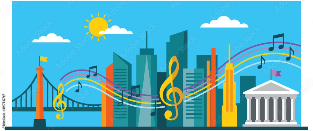 Obraz premium City music concept with buildings and musical note lines.