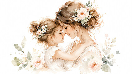 Heartwarming Mother’s Day illustration featuring a loving mother and daughter sharing a special bond in a beautiful family-themed composition. Perfect for Mother’s Day greeting cards, social media 