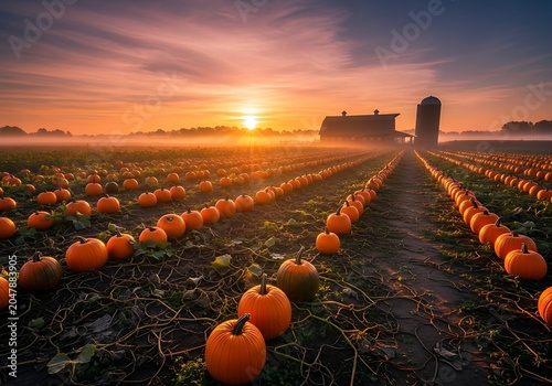 Sunrise Harvest Path with Pumpkins in Misty Autumn Farm Field