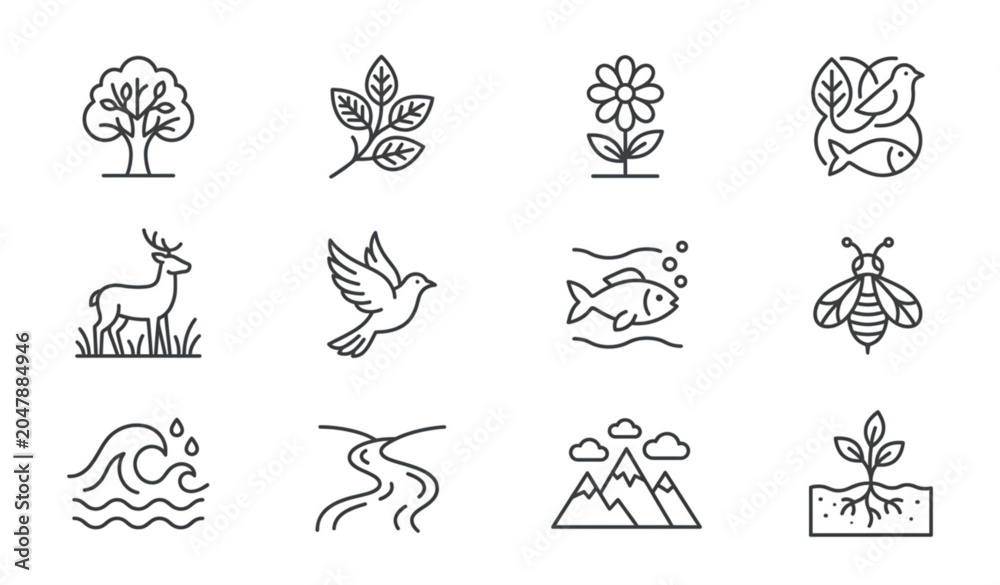 Fototapeta premium Ecology Line Icon Set of Ecosystem Nature Environment Biodiversity Fauna Flora Vector Collection