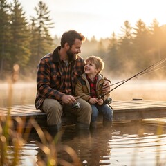 Father and son fishing together on wooden dock at sunset, celebrating Father's Day