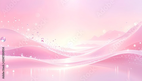 ピンクの波間に浮かぶ輝く水滴と気泡 / Sparkling droplets and bubbles floating on pink waves (Generative AI)
