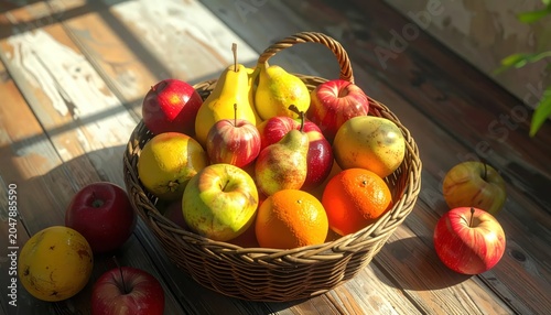 Fresh fruit basket on wooden table.