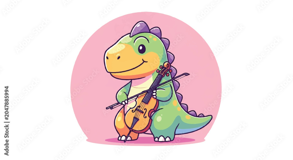 Obraz premium Cute cartoon dinosaur playing violin with a smile.