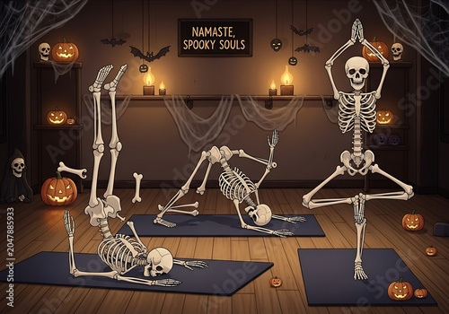 Halloween Yoga Skeletons Practicing in Spooky Decorated Studio with Pumpkins and Bats