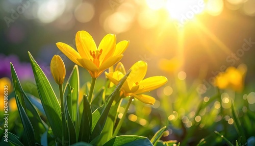 Vibrant Yellow Flowers in Green Grass.
