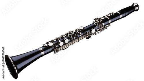 Foto Isolated professional black clarinet wind instrument with shiny keys and rings, studio shot