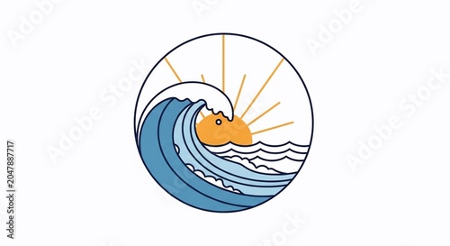 Cartoon wave with smiling sun surf.