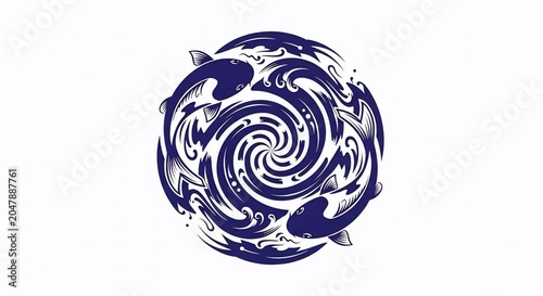 Dark blue swirling abstract design element.