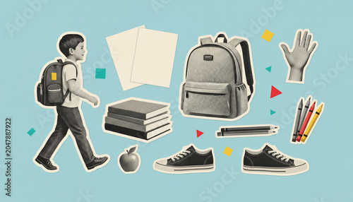 Back to school child collage with backpack and school supplies on blue background for education banner design