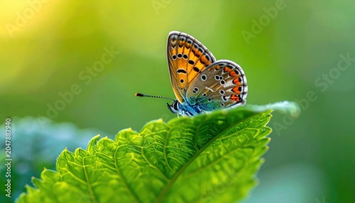 Butterfly on a green leaf outdoors.