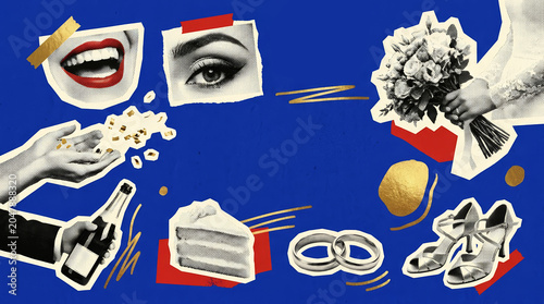 Wedding celebration collage with rings and bridal details on blue background for festive event design