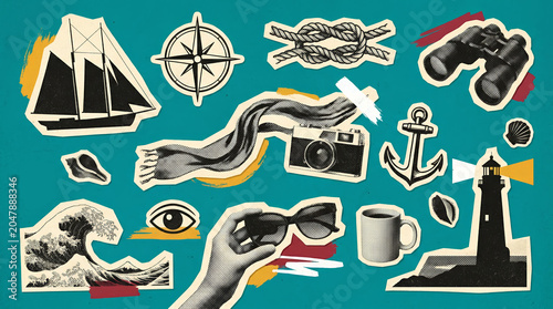 Sailing adventure collage with nautical icons and lighthouse on turquoise background for coastal travel banner design