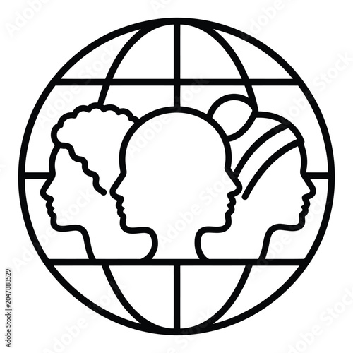 Global Community Silhouette With Diverse Faces Black And White Line Art