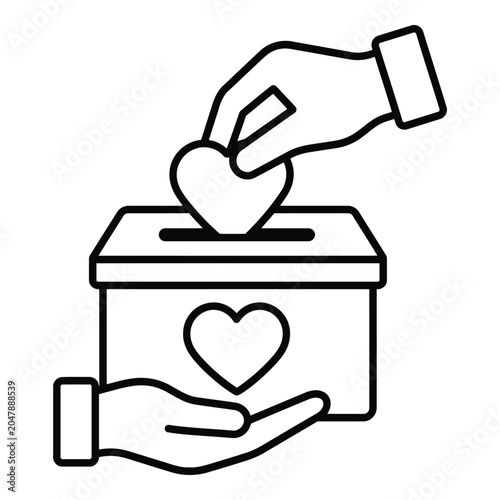 Donation box with heart shape black line icon on white background