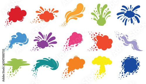 A lively group of colorful, abstract graphic elements depicting splashes, smoke-like forms, and organic shapes on a white background.