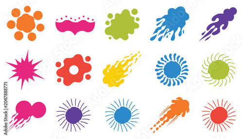 A playful assortment of colorful abstract shapes and graphic icons, including stars, splashes, and fluid forms, displayed in a grid.