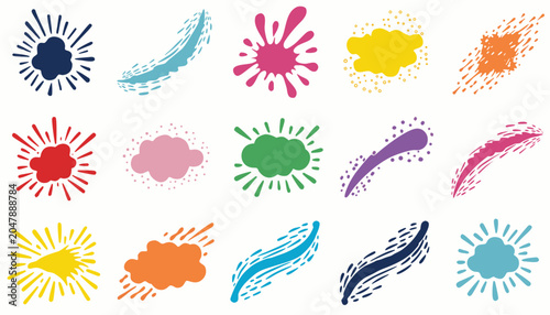 A vibrant composition of colorful abstract paint splatters and brush stroke elements, arranged in a grid on a white background.