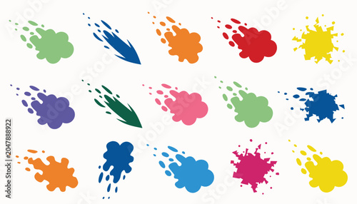 A vibrant assortment of colorful abstract paint splashes and fluid shapes, arranged in rows on a pristine white background.
