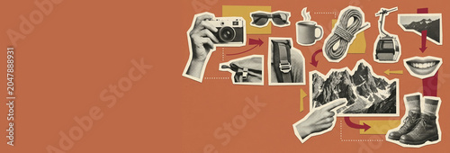 Mountain travel collage with hiking gear and copy space on terracotta background for adventure tourism banner design
