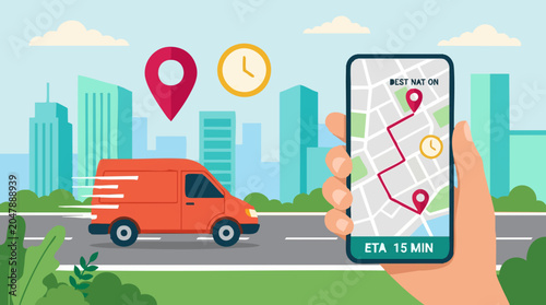 Canvas-taulu Urban delivery van with navigation app showing estimated arrival time