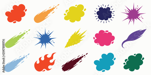 A colorful collection of abstract shapes and bursts in various vibrant colors including red, orange, yellow, green, blue, and purple.