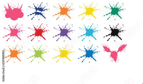 A dynamic arrangement of multiple paint splatters in a spectrum of vivid colors like pink, blue, orange, yellow, green, red, purple, and black.