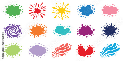 A lively arrangement of abstract graphic elements including splatters, bursts, and swirling shapes in a vibrant palette of colors.