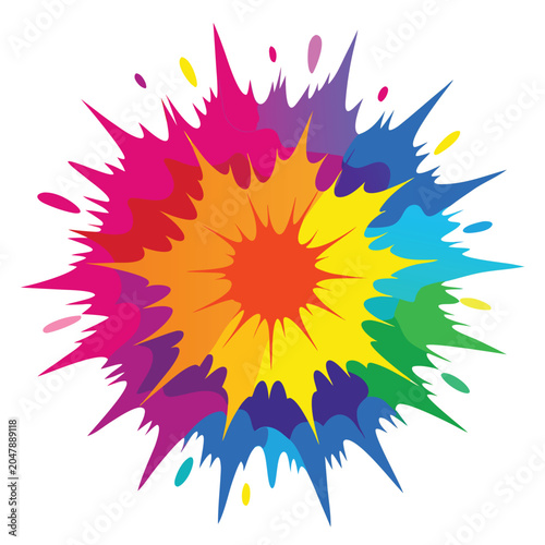 A central, explosive burst of multicolored abstract shapes radiating outwards in a vibrant spectrum, suggesting energy and creativity.