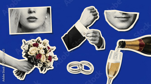 Wedding celebration collage with bouquet, rings and champagne on blue background for elegant event banner design