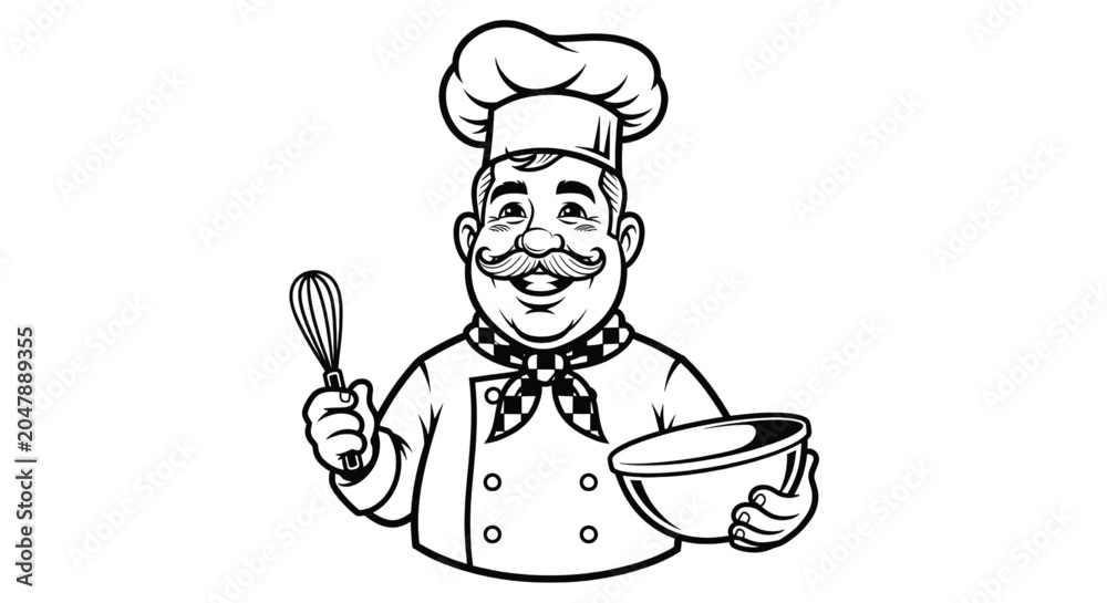 Naklejka premium Smiling chef with bowl and whisk.