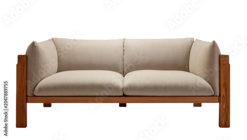 Isolated modern wooden framed two-seater sofa with comfortable light beige fabric cushions