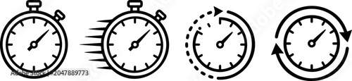 Timer icon set. Alarm clock symbol. Watch countdown vector illustration. Stopwatch sign. Hours, minutes and seconds concept. Simple express pictogram outline collection.