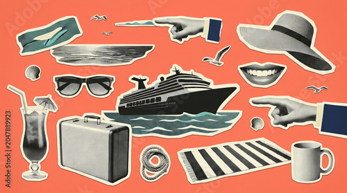 Sea cruise travel collage with ship and vacation objects on coral background for summer tourism banner design