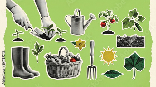 Spring gardening collage with seedlings, tools and harvest basket on green background for home garden banner design