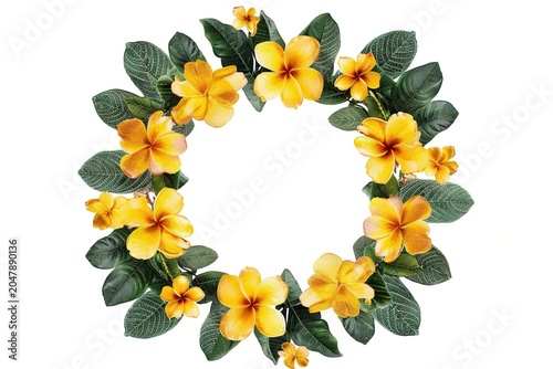 minimalistic design Indian floral wreath with yellow flowers and mango leaves.