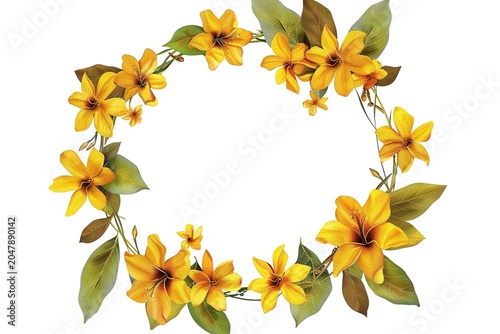minimalistic design Indian floral wreath with yellow flowers and mango leaves.