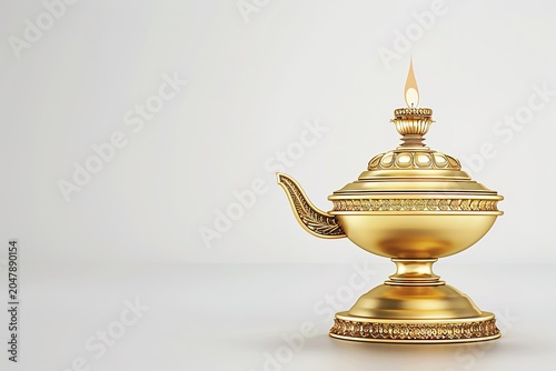 minimalistic design Indian gilded oil lamp diya isolated on white. Traditional element for ritual and religious ceremonies.