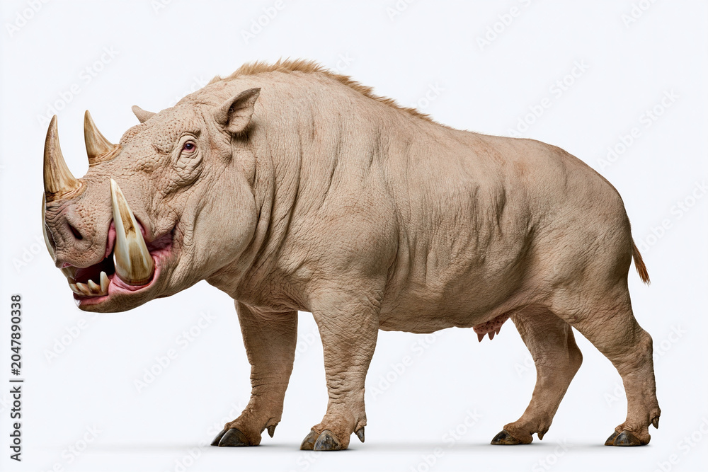 Fototapeta premium Ancient Rhinoceros Relative Isolated On White, Andrewsarchus